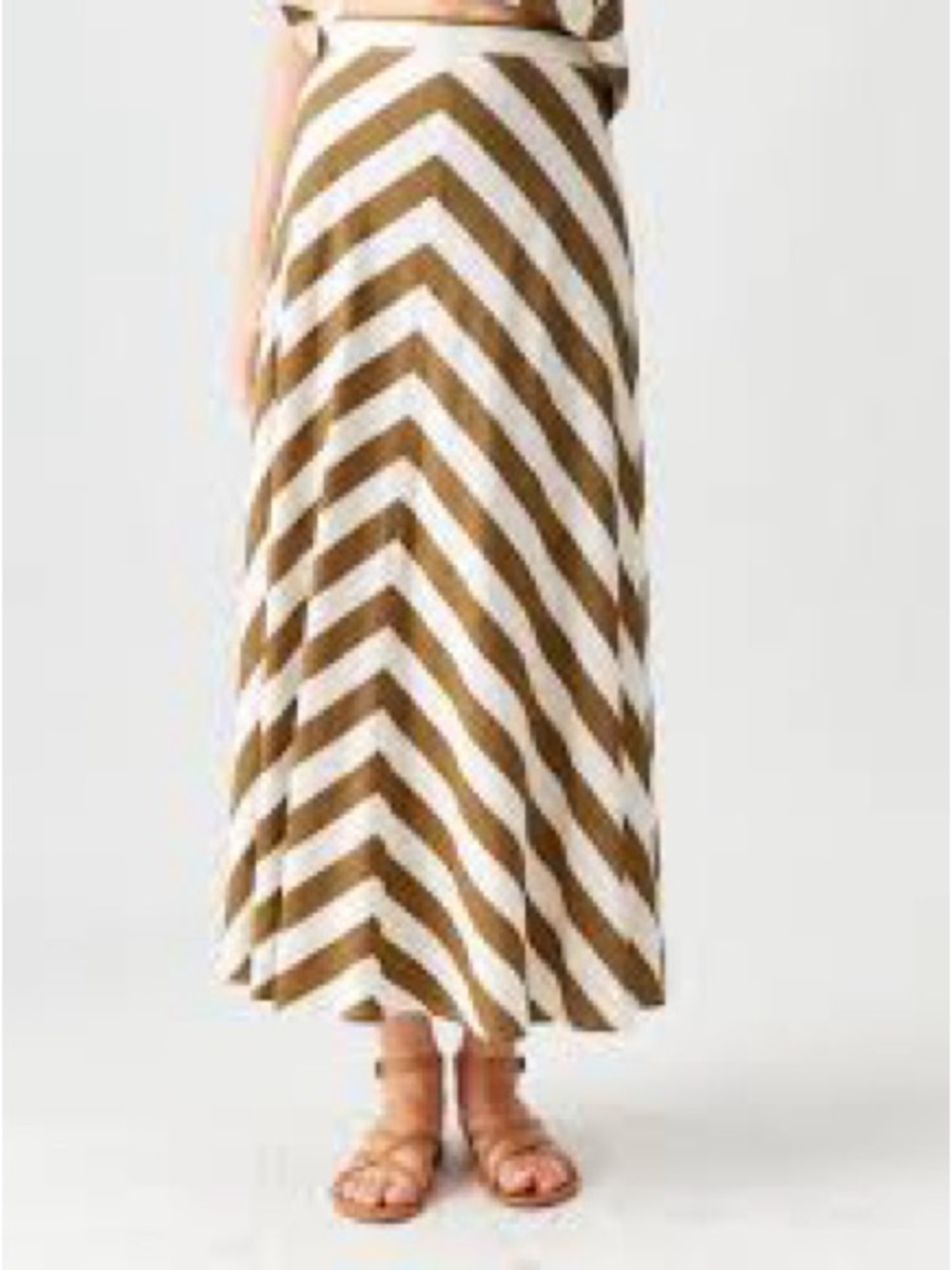 DÉLUC Khaki Cream Chevron Striped Linen Midi Maxi Skirt Size M NWOT